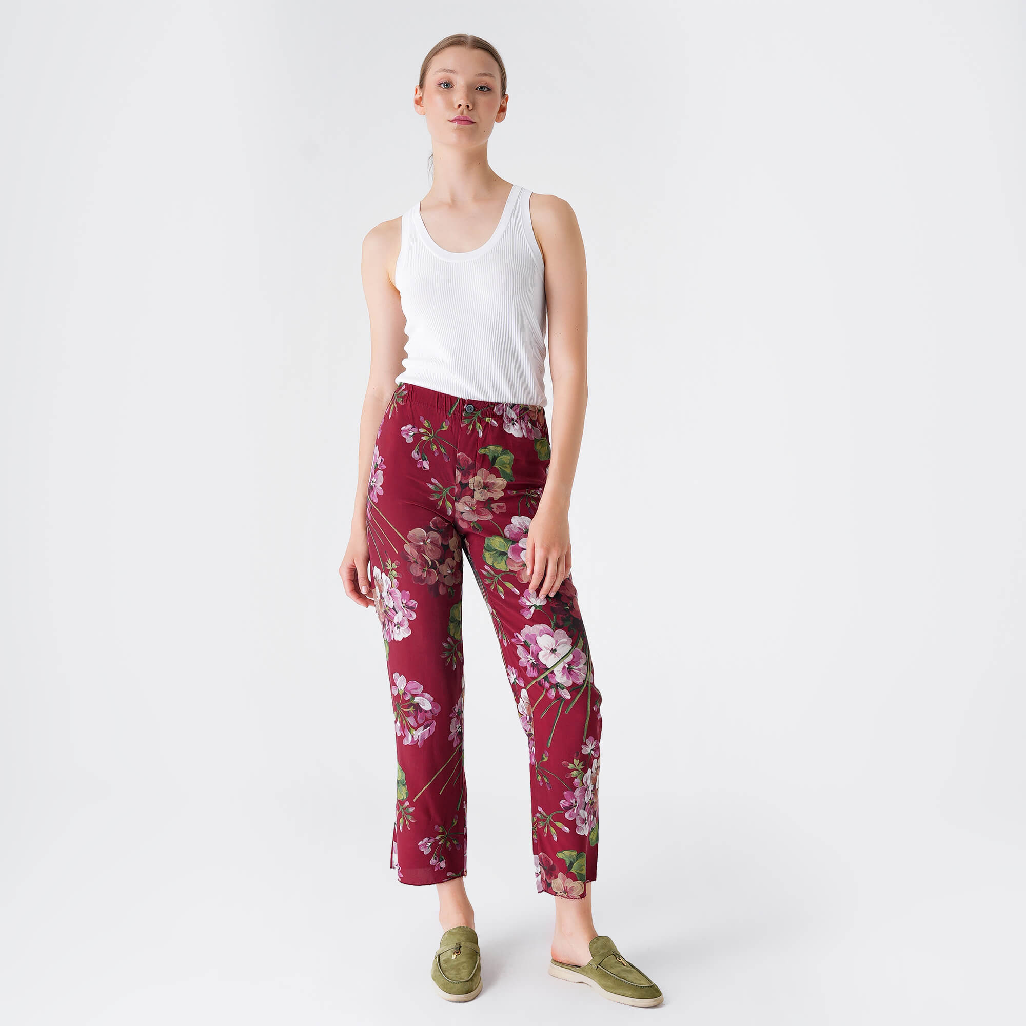 Gucci - Burgundy Floral Print Silk Pants